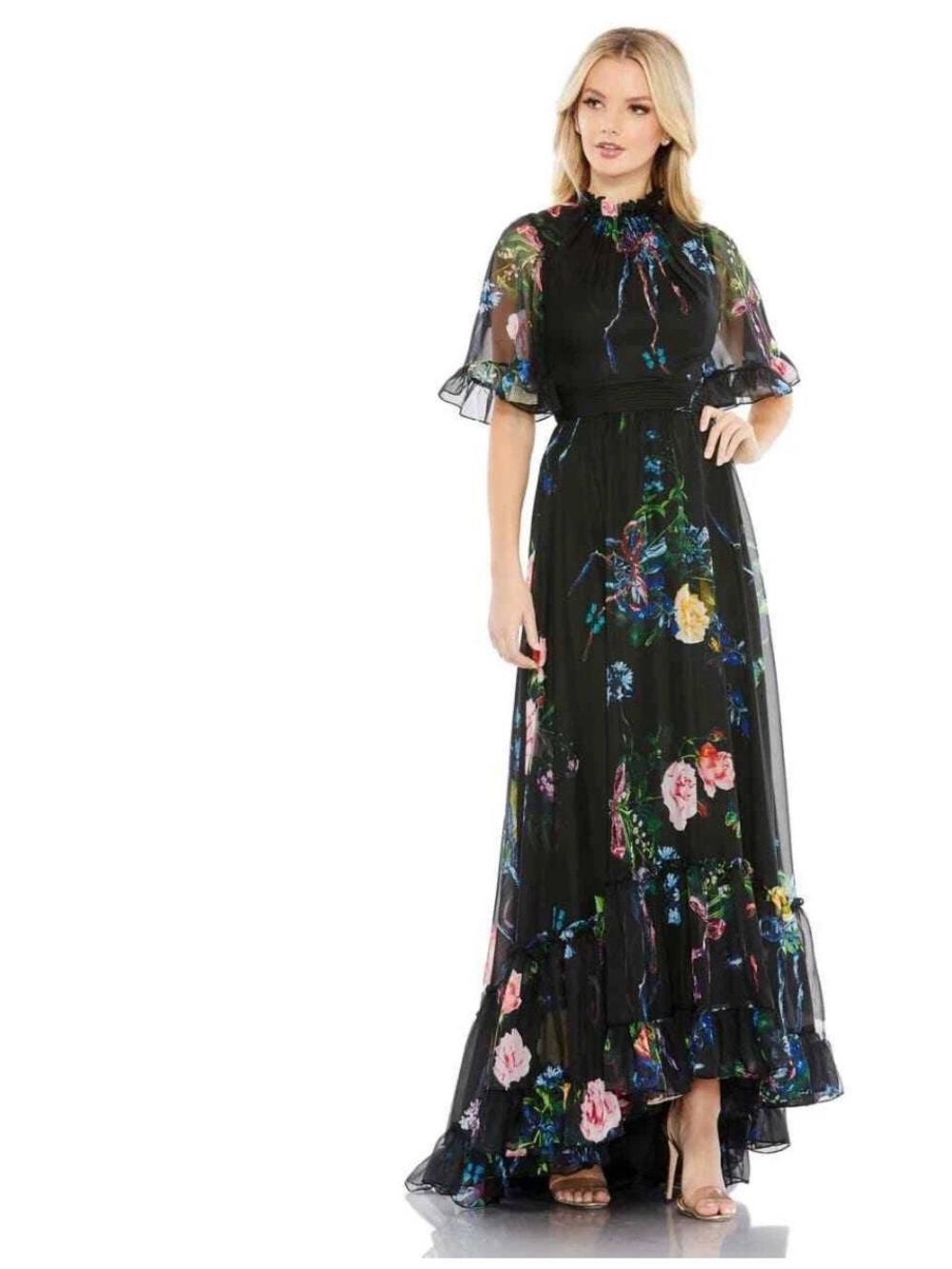 Mac Duggal Black Floral Maxi Dress with Sheer Sleeves